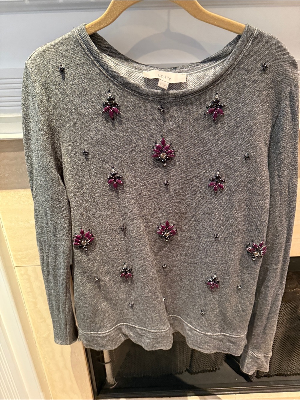 LOFT Gray Crewneck Sweater with Purple Jewel Embellishments